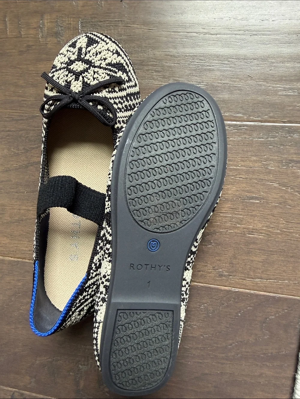 Rothy's Black and Cream Knit Ballet Flats with Blue Trim